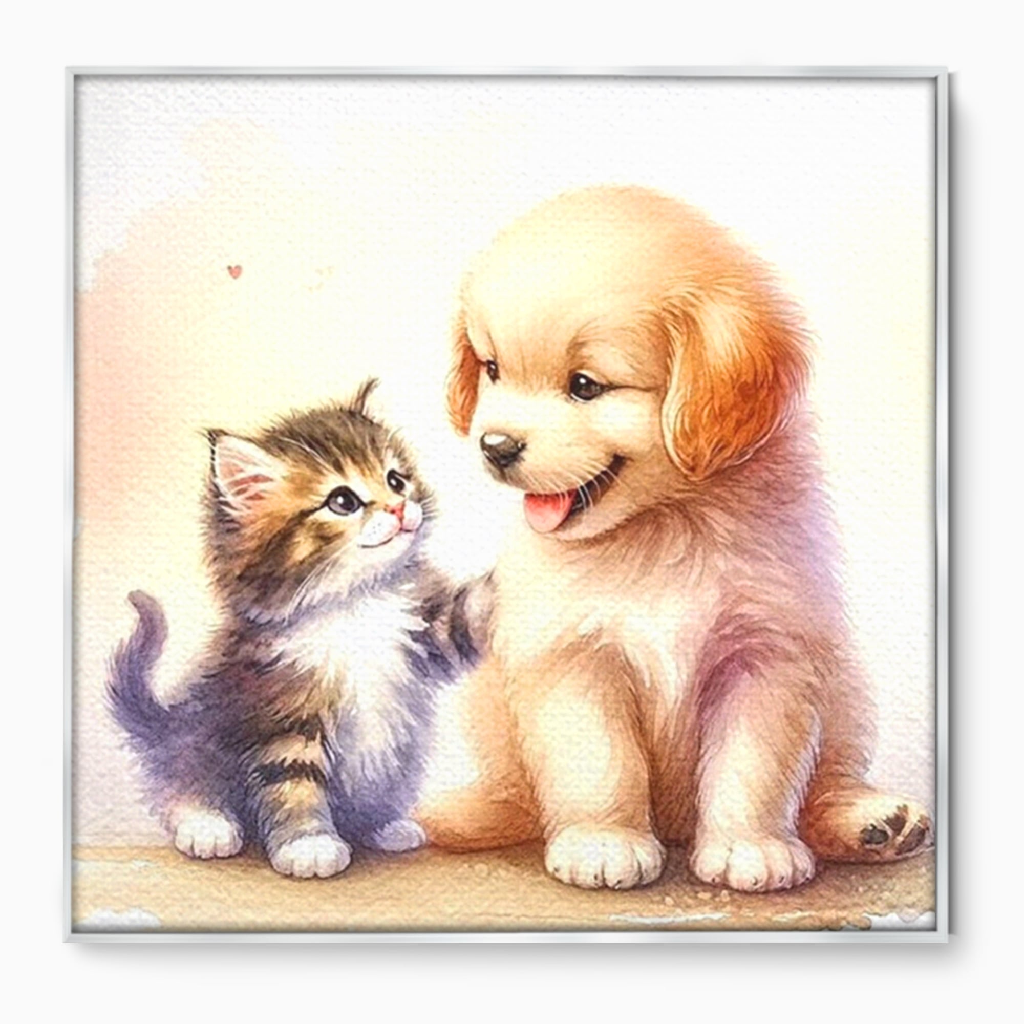 Tablou canvas cu ilustratie acuarela cu catel si pisicuta, in rama de aluminiu argintiu